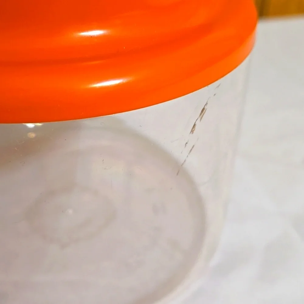 Vintage Tupperware 1477, Clear Acrylic Canister, Orange, Sealable Plunger Top